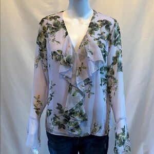 NWT - WHBM - Leaf Print Ruffle Blouse - Green and White, Size Medium